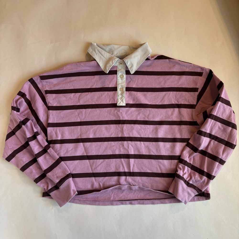 Champion Womens Large Pink Brown Striped Long Sleeve Cropped Rugby Polo Shirt